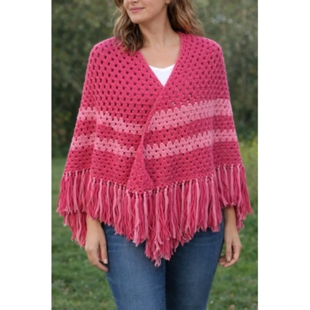 Crochet Shawl Wrap Womens One Size Pink Striped Fringe Boho Handmade Poncho